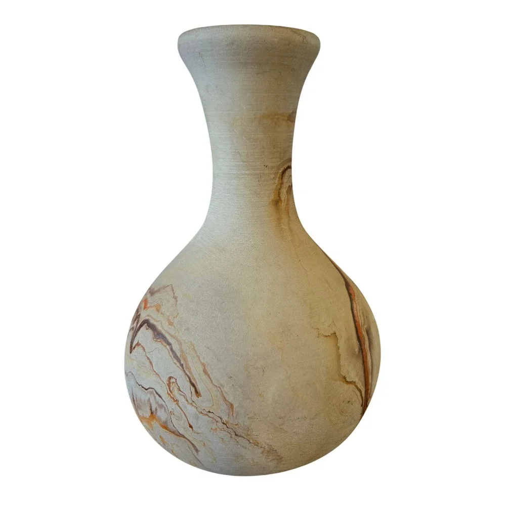 Nemadji Pottery Marbled Bud Vase Earth Tone Swirl Orange Brown USA Folk Art 6.5